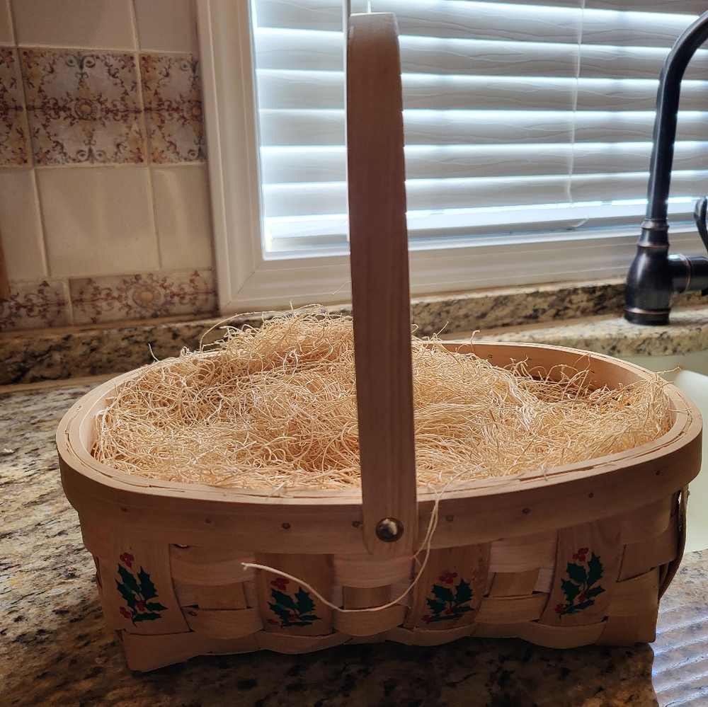 Natural 4 x 9 In  Woven Basket with Handle And Handpainted Christmas Holly